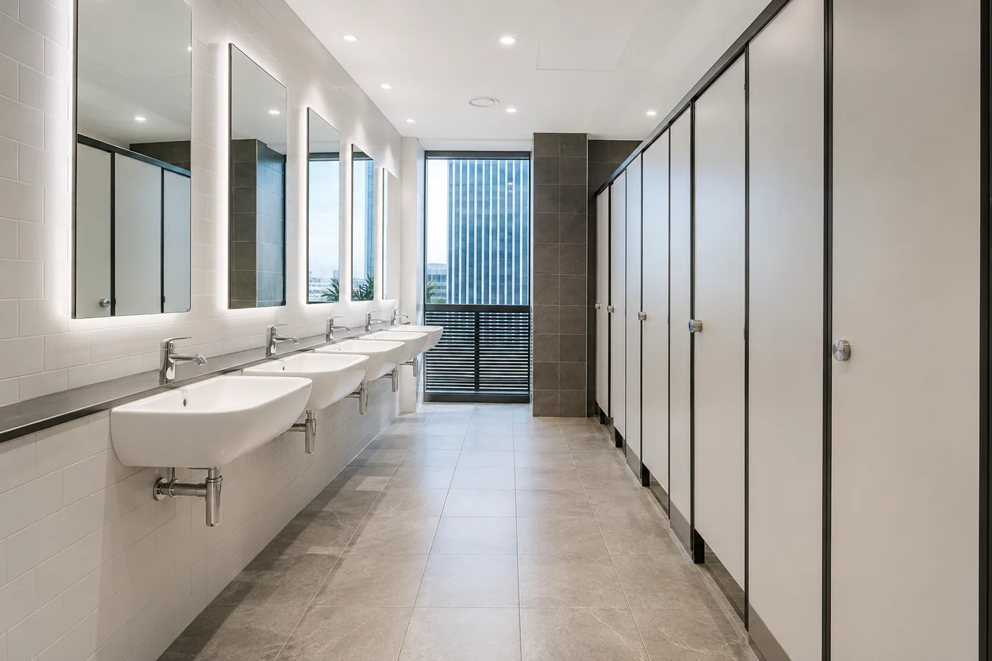 Spotless commercial bathroom amenities after cleaning