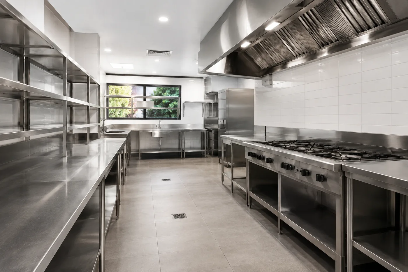 Spotless commercial restaurant kitchen after a make-good clean