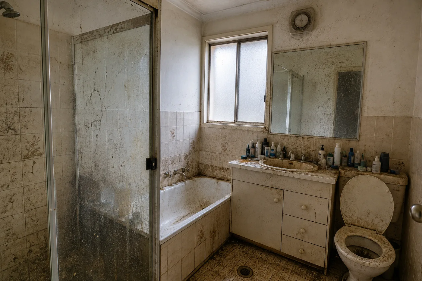 Bathroom before, with grime and build-up