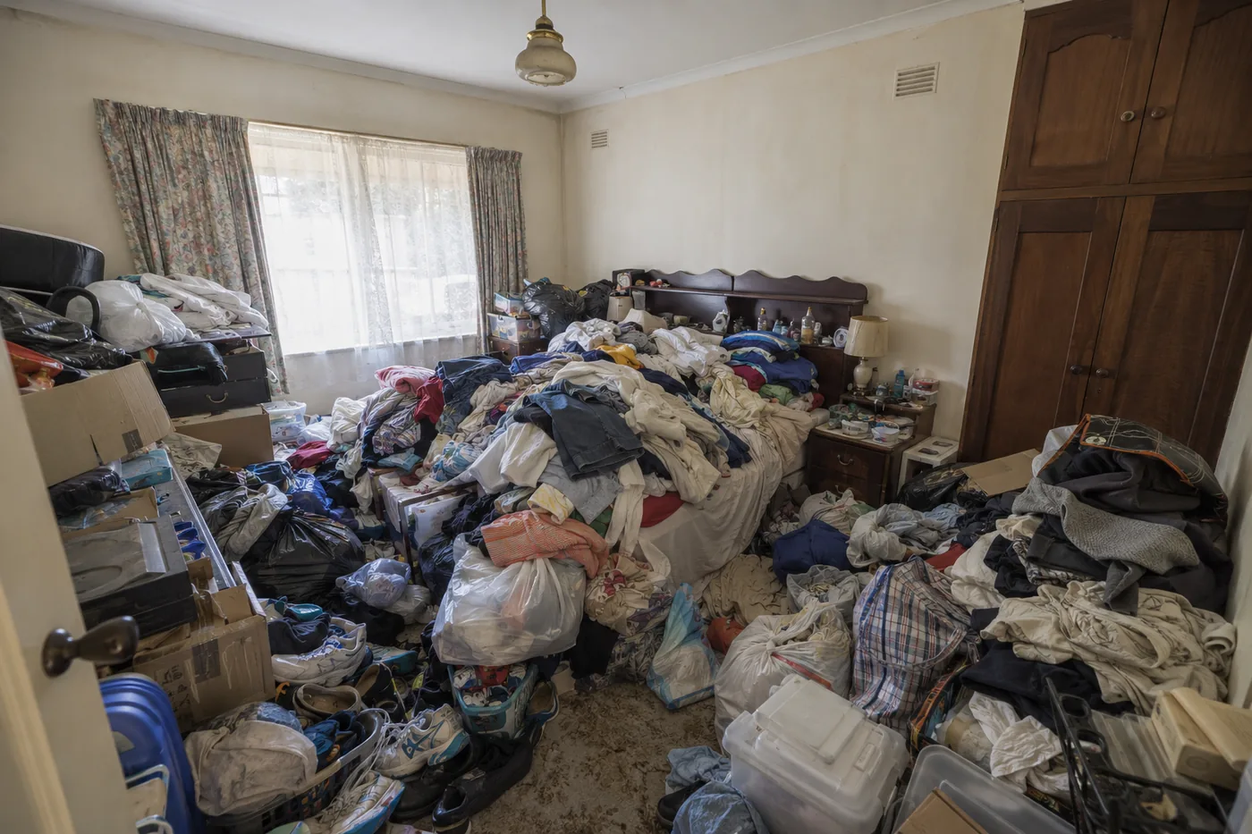Bedroom before, filled with clutter
