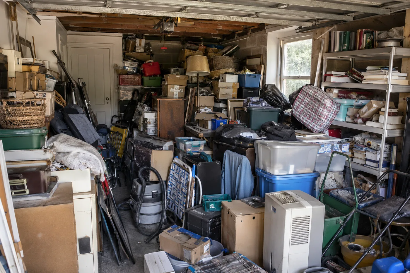 Garage before, packed with belongings
