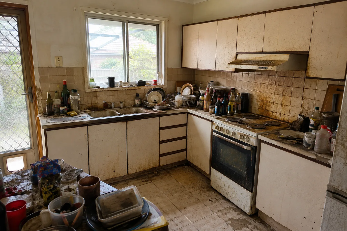 Kitchen before, with heavy build-up