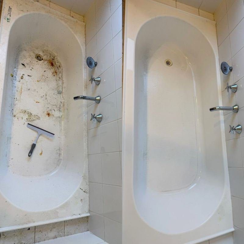 Bathtub before and after — soap scum, mould and grime removed