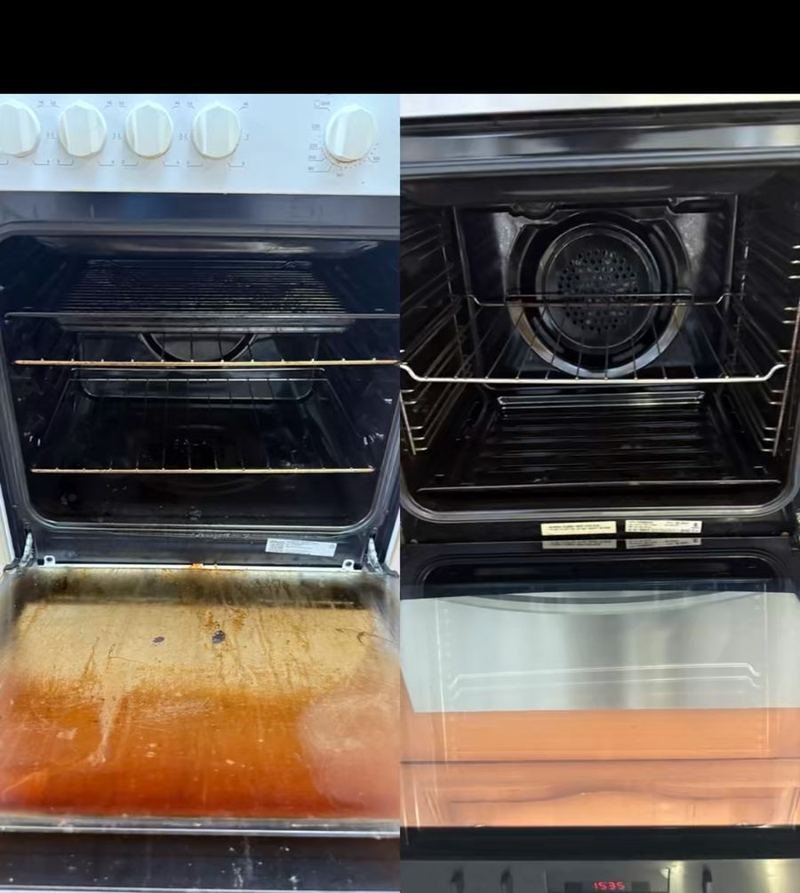Oven before and after deep clean — heavy grease and grime removed