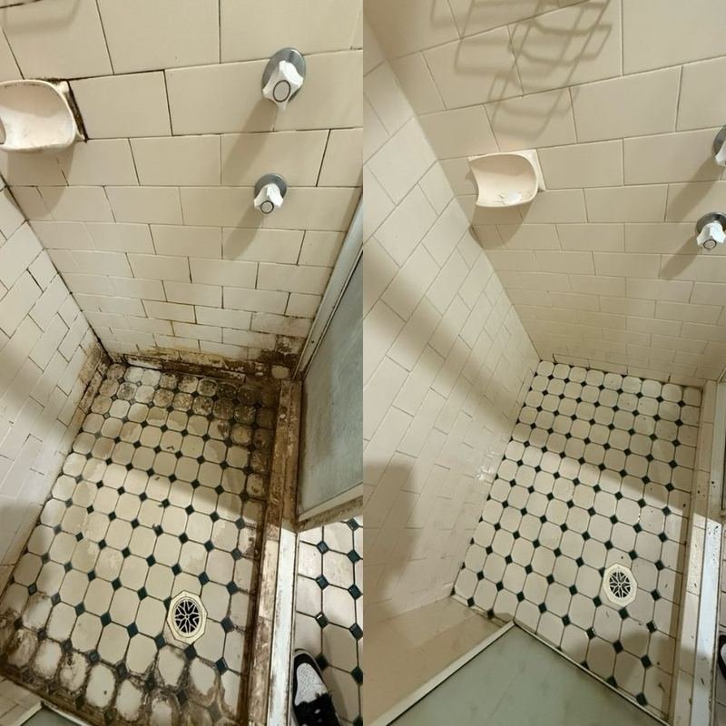 Shower tiles and grout before and after deep clean